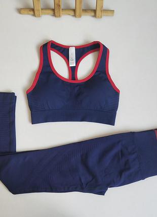 Женский спортивный костюм для фитнеса (лосины + топ) синий/красный (штаны, лосіни)5 фото