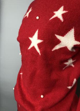 Красный кашемировый свитер звёзды жемчуг кашемир 100% джемпер6 фото