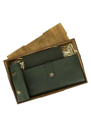 Подарунковий жіночий набір handycover №45 (зелений) гаманець, обкладинка, ключниця в коробці2 фото