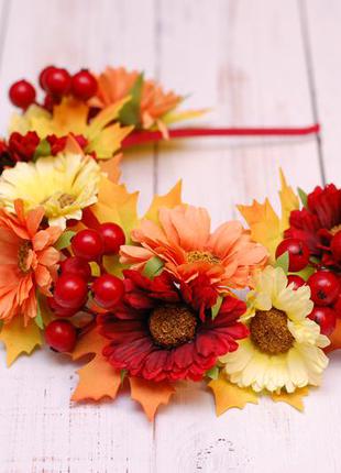 Обруч ободок с осенними листьями и цветами3 фото