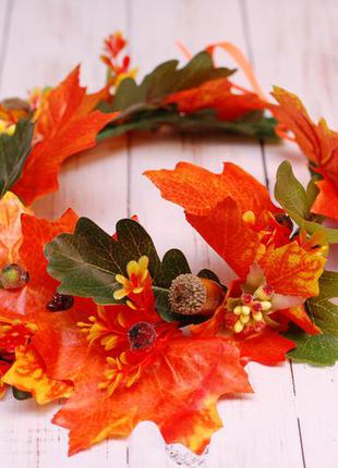 Осінній вінок віночок з листям клена, дуба та жолудями2 фото