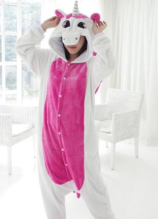 Кигуруми піжама цілісна єдиноріг біло-рожевий піжамка для дорослих з вельсофта