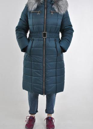 Зимний пкховик пальто с мехом и поясом
