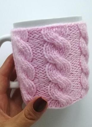 Вязаный чехол на чашку "classic" нежно-розовый5 фото