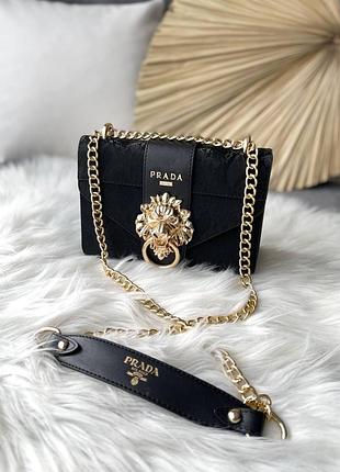 Lion black женская брендовая черная шикарная сумочка с цепью жіноча стильна розкішна чорна сумка