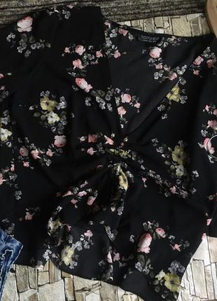 Кроп топ блуза рубашка с затяжкой шифон в цветочный принт