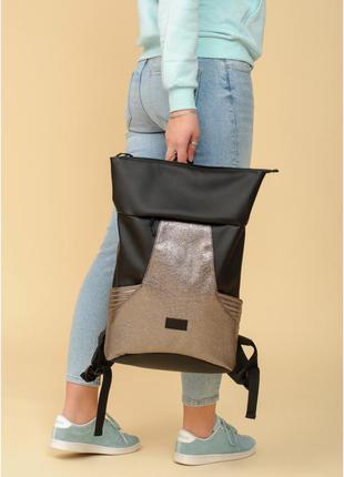 Жіночий рюкзак ролл з відділенням для ноутбука. чорний з битим сріблом9 фото