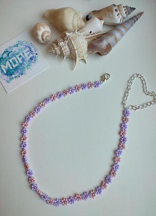 Комплект украшений из бисера, чокер, белый, розовый, сиреневый, голубой, колье,...