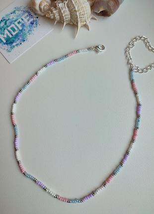 Комплект украшений из бисера, чокер, белый, розовый, сиреневый, голубой, колье,...