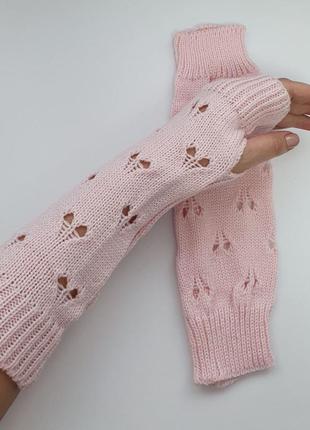 Длинные вязаные митенки, перчатки без пальцев розовые