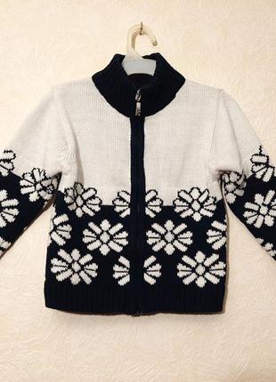 Красива кофточка чорна на блискавці на дівчинку 3-4 рок із коміром білі квіточки демі зима