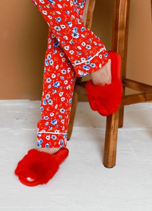Женские красные тапочки домашние комнатные с мехом