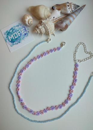 Комплект украшений из бисера, чокер, белый, розовый, сиреневый, голубой, колье, ожерелье, тренд 2021