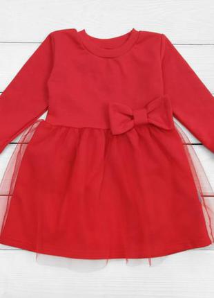 Красное платье детское с фатином , теплое детское платье  , 86 - 122 см