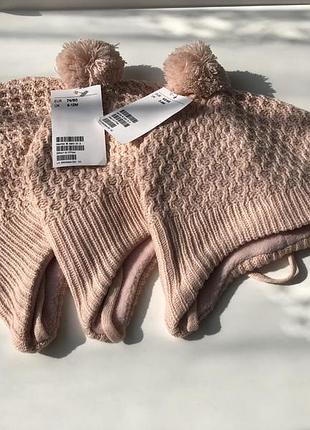 Шапка на зав’язках на флісовій підкладці h&m 2-6 міс 6-12 міс 1-2 роки шапочка тёплая на флисе