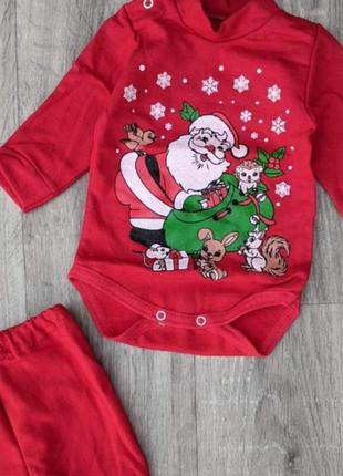 Костюм🍭ясельный, комплект для малышей,  боди и штаны с начёсом, красный, принт " новый год"