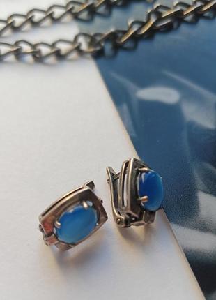 Вінтажні сережки не срібні з клеймом  з блакитним каменем сріблення серьги с камнем1 фото