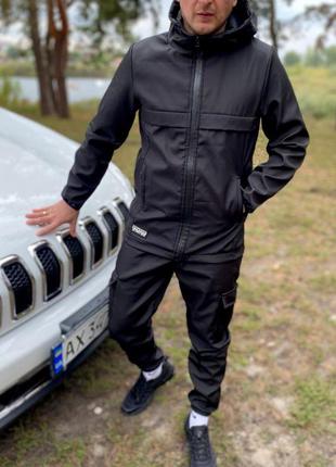 Топовий чоловічий спортивний водонепроникний костюм з капюшоном чорний
