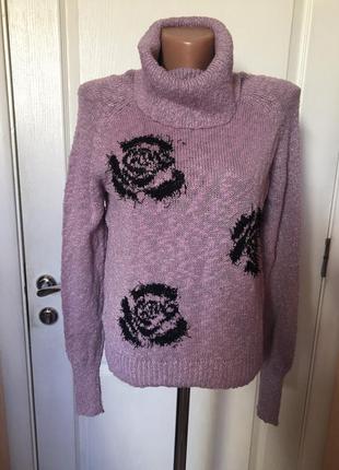Распродажа! свитер женский сиреневый в черных розах,воротник хомут1 фото