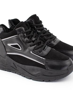 Стильні чорні зимові демісезонні теплі кросівки на платформі товстій підошві високі байка3 фото