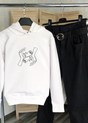 Худи на флисе теплый,с капюшоном, белый с рисунком.