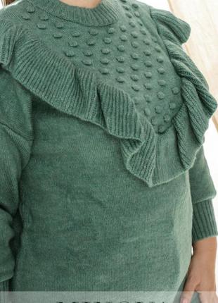 Стильный, удлиненный свитер-туника с оборками💚3 фото