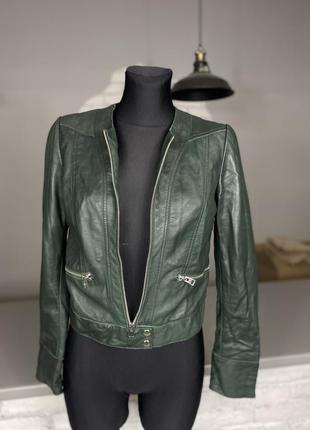 Куртка кожаная  куртка зелёная кожаная куртка mango шкіряна зелена куртка7 фото
