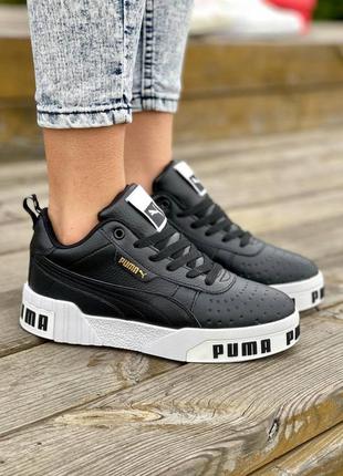 Зимние кожаные женские черно-белые кроссовки на меху puma cali 🆕пума кали