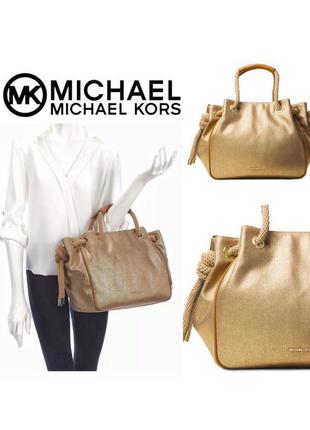 Оригинал michael kors большая бежевая сумка шоппер канва и кожа c золотым напылением ручная кладь