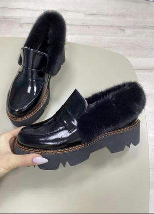 Ботинки туфли лоферы зимние женские цигейка натуральная кожа замша италия1 фото