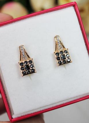 Серьги xuping с черными кристаллами swarovski и цирконами 💎3 фото