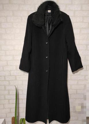 Длинное, стильное, шерстяное пальто с меховым воротом5 фото