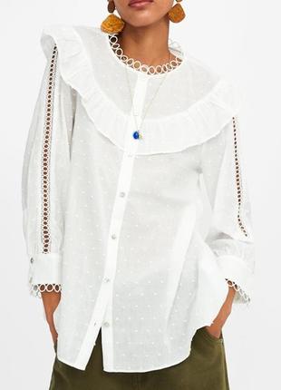 Рубашка блузка с вышивкой "плюмети" с оборками и широкими рукавами от zara2 фото