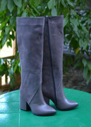 Стильні чоботи з гострим носом замшеві шкіряні на середньому каблуці 9см