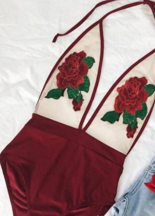 Купальник совместный с вышивкой роза красный3 фото