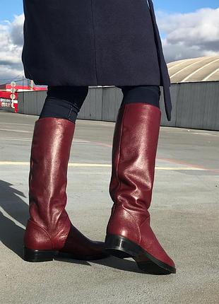 Чоботи з натуральної шкіри бордо , без каблука