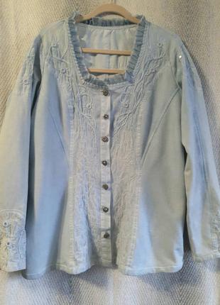 Тепла блуза жіноча сорочка, блузка, як джинсова толстовка, з мереживом і вишивкою