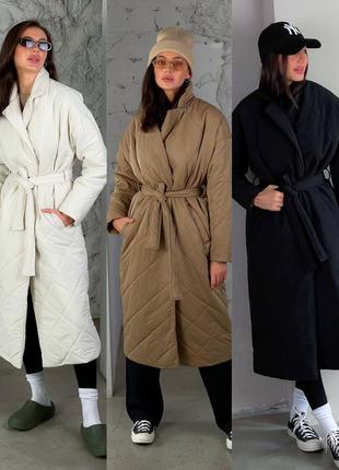 Новая красивая стильн теплая стеганное курточка пальто куртка теплое утепленное длинное с поясом
