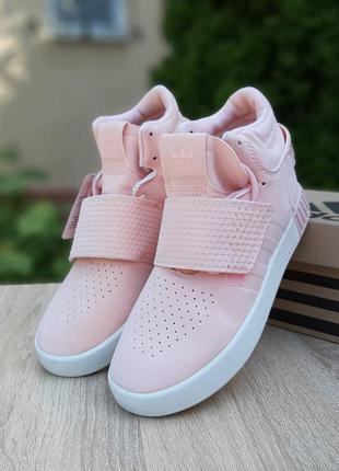 Ніжні жіночі високі кросівки adidas tubular invader пудрові ніжно-рожеві3 фото