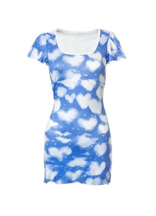 Платье короткое голубое синее небо с облаками сердцами сердечками милое небесное лолита