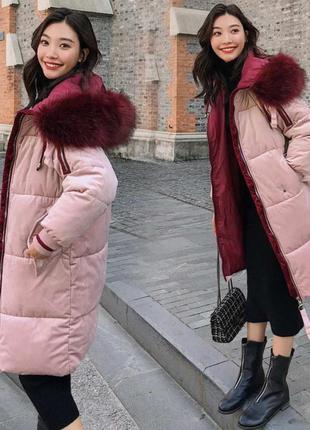 Женская длинная куртка парка велюровая с капюшоном розовая м2 фото