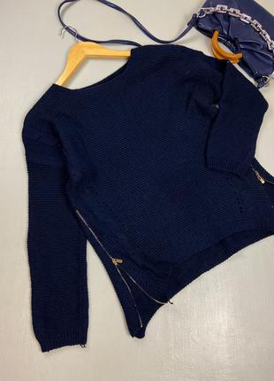 Синий вязаный свитер  с молниями6 фото
