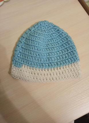 Женская шапка вязаная жіноча шапочка. 
цвет: голубой с белым.2 фото