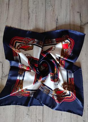 Винтажный шелковый сатиновый платок принт конная тема лошадиная упряжка карета...