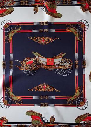 Винтажный шелковый сатиновый платок  принт конная тема  лошадиная упряжка  карета колесо  85*85 cm5 фото