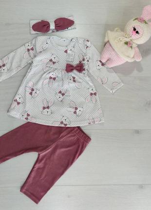 Комплект (костюм) ясельный 3-х предметный платье (туника) + штанишки (лосины) + повязочка интерлок-пенье2 фото
