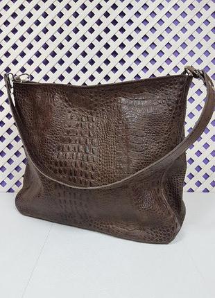 Сумка женская средняя натуральная кожа, коричневая с тиснением под крокодила 1689