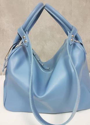 Сумка шоппер середня шкіряна жіноча, блакитна 1621