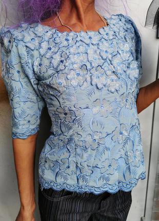 Блуза с вышивкой цветы люрекс рукав фонарик2 фото