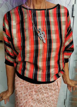 Блуза с трикотажным манжетом в полоску клетку винтажная ретро летучая мышь3 фото